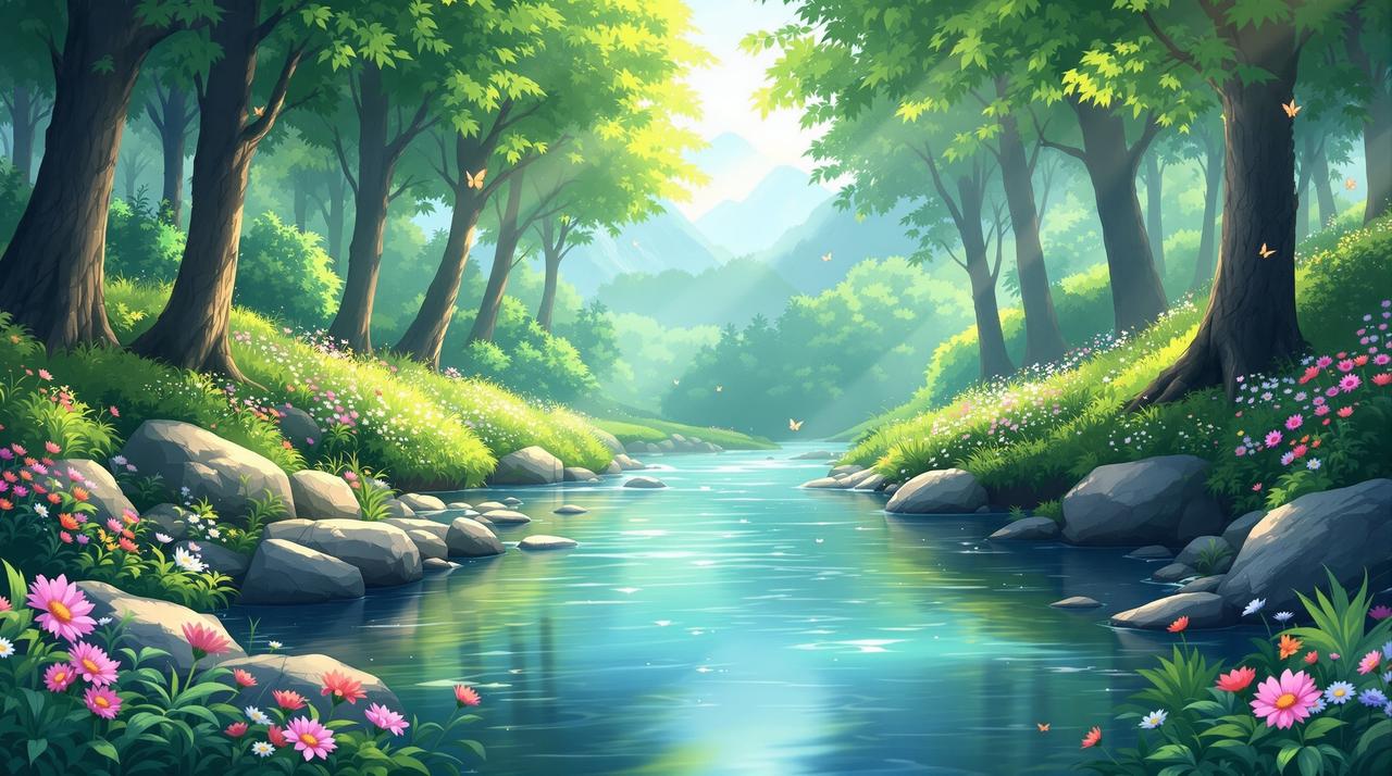 百灵短剧治愈剧场自然风光背景 百灵短剧 - 清澈甘甜的治愈剧场,山间清泉流淌在绿意盎然的森林中,晨光洒落,温暖治愈